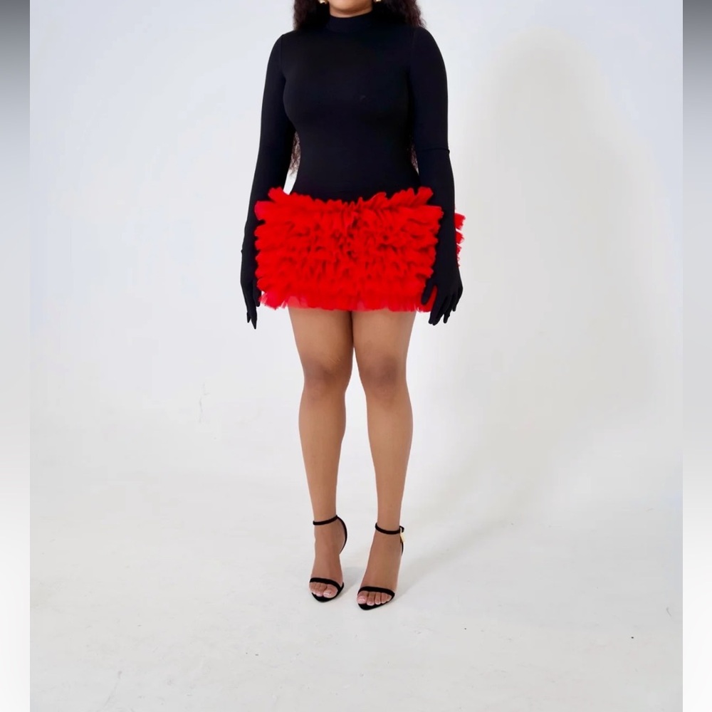 Elegant Red and Black ruffle gloved dress